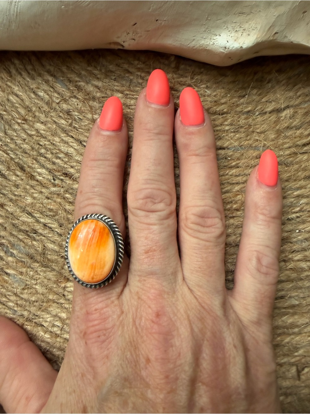 Handcrafted Native American Orange Spiny Stone Sterling Silver-Statement Ring - Picture 4 of 6